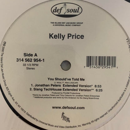 Kelly Price “You Should’ve Told Me” 4 Version 12inch Vinyl, Featuring Jonathan Peter's Extended Version, Slang TechHouse Extended Version and Instrumentals