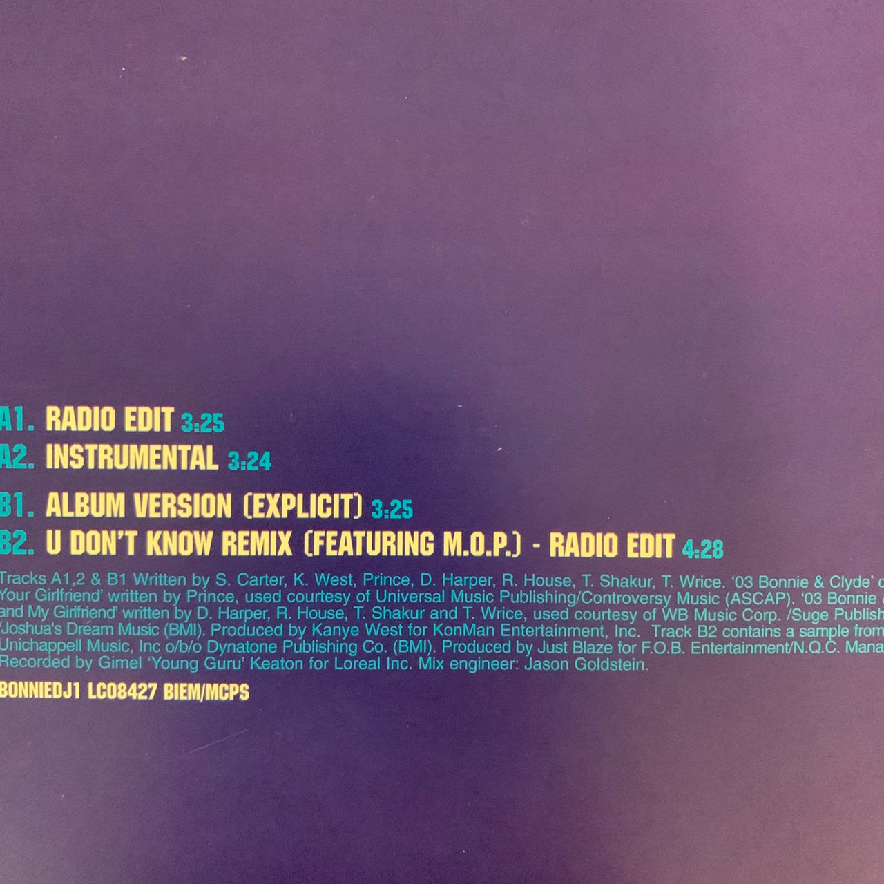 Jay-Z “03 Bonnie & Clyde” Feat Beyoncé 4 Version 12inch Vinyl