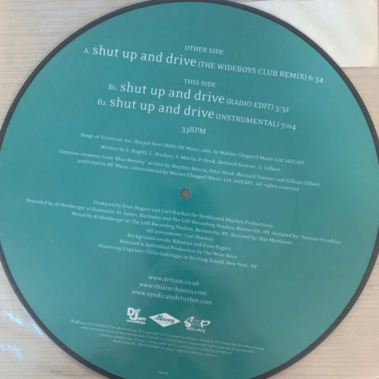 Rihanna “Shut Up And Drive” 3 Track Limited Edition Picture Disc 12inch Vinyl