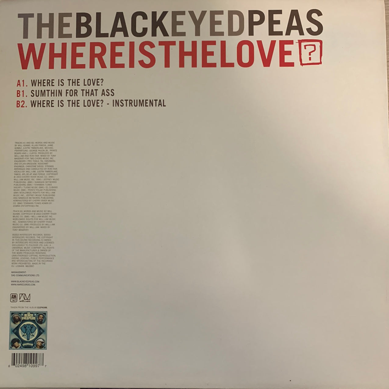 Black Eyed Peas “Where Is The Love” 3 Track 12inch Vinyl