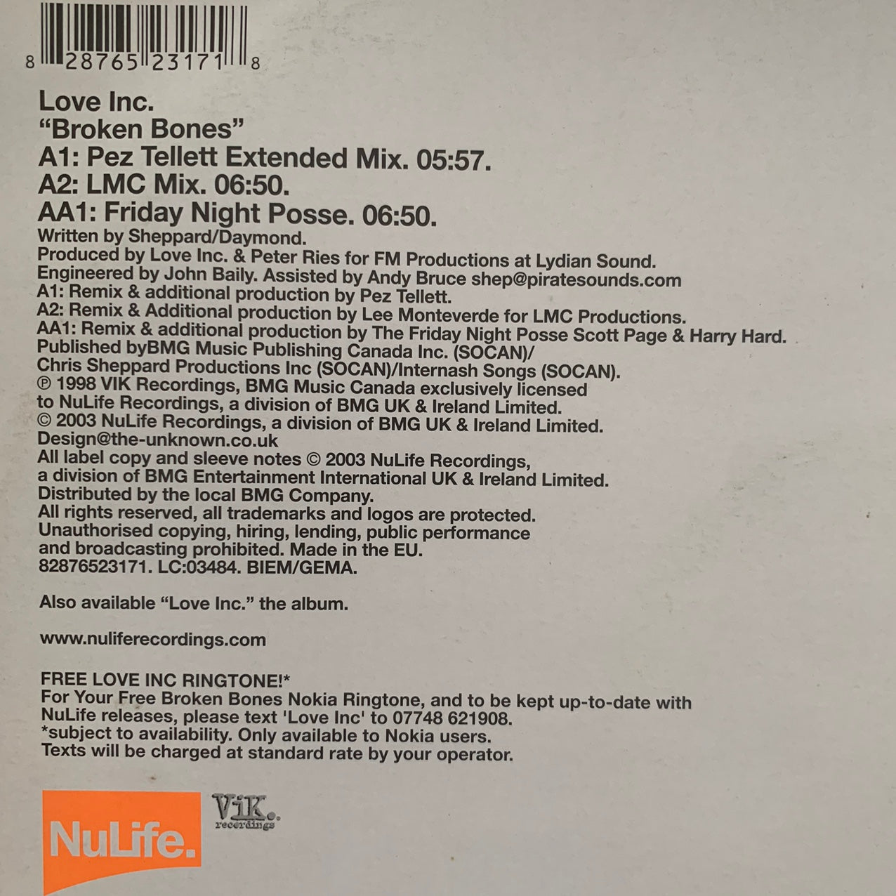 Love Inc “Broken Bones” 3 Track 12inch Vinyl