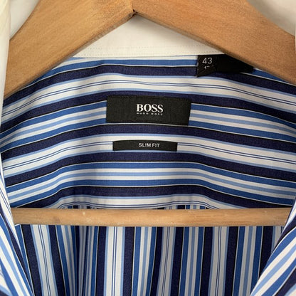 Boss Hugo Boss Blue and White striped Shirt Size Large 43/17 Neck