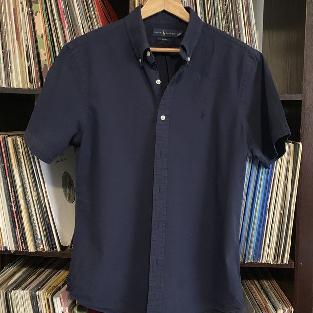 Ralph Lauren Short Sleeve Navy Blue 100% Cotton Shirt Slim Fit Size Large