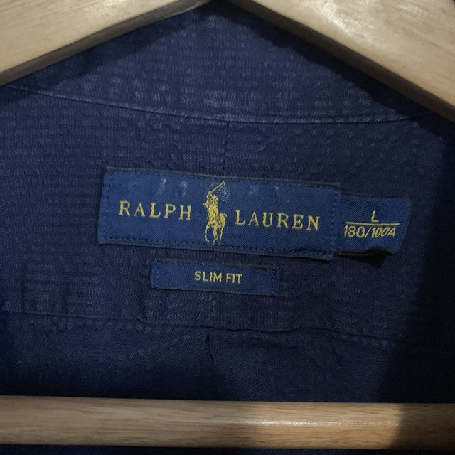 Ralph Lauren Short Sleeve Navy Blue 100% Cotton Shirt Slim Fit Size Large