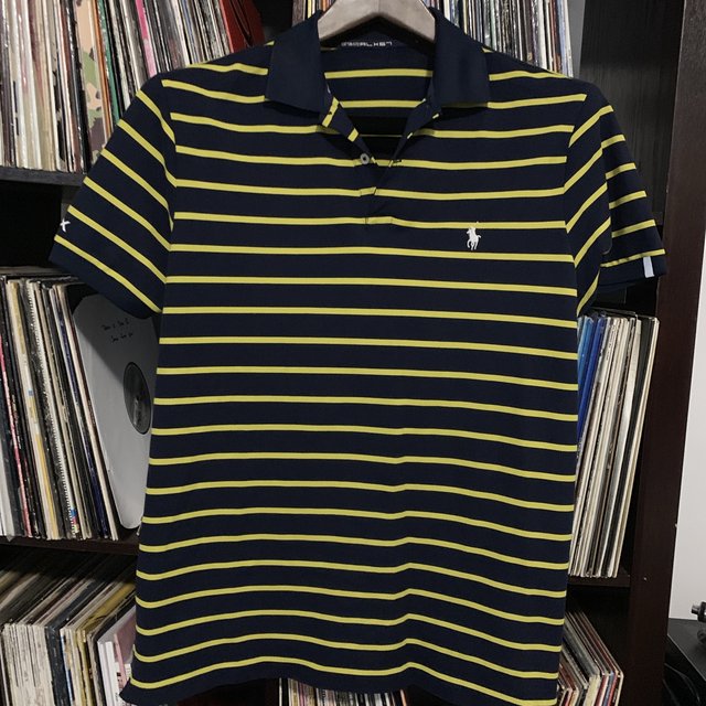 Ralph Lauren Classic Performance RLX Polo Blue and Yellow stripe with white Motif Size Large