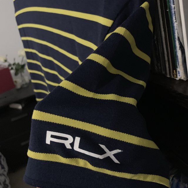 Ralph Lauren Classic Performance RLX Polo Blue and Yellow stripe with white Motif Size Large